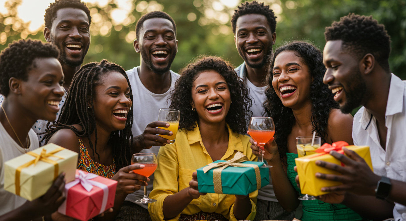 Friends laughing and gifting wrapped presents to a celebrant